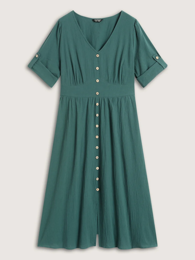 Pure Cotton Button Gathered Sleeve Midi Dress