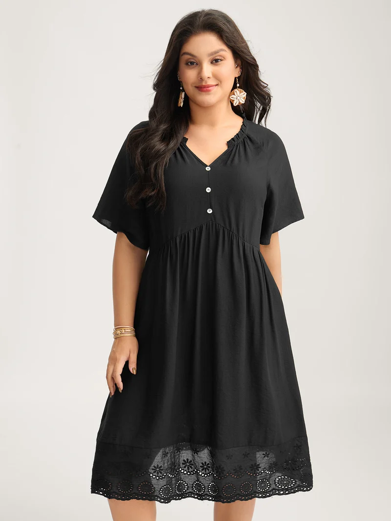 Eyelet Hem Ruffled Neck Midi Dress
