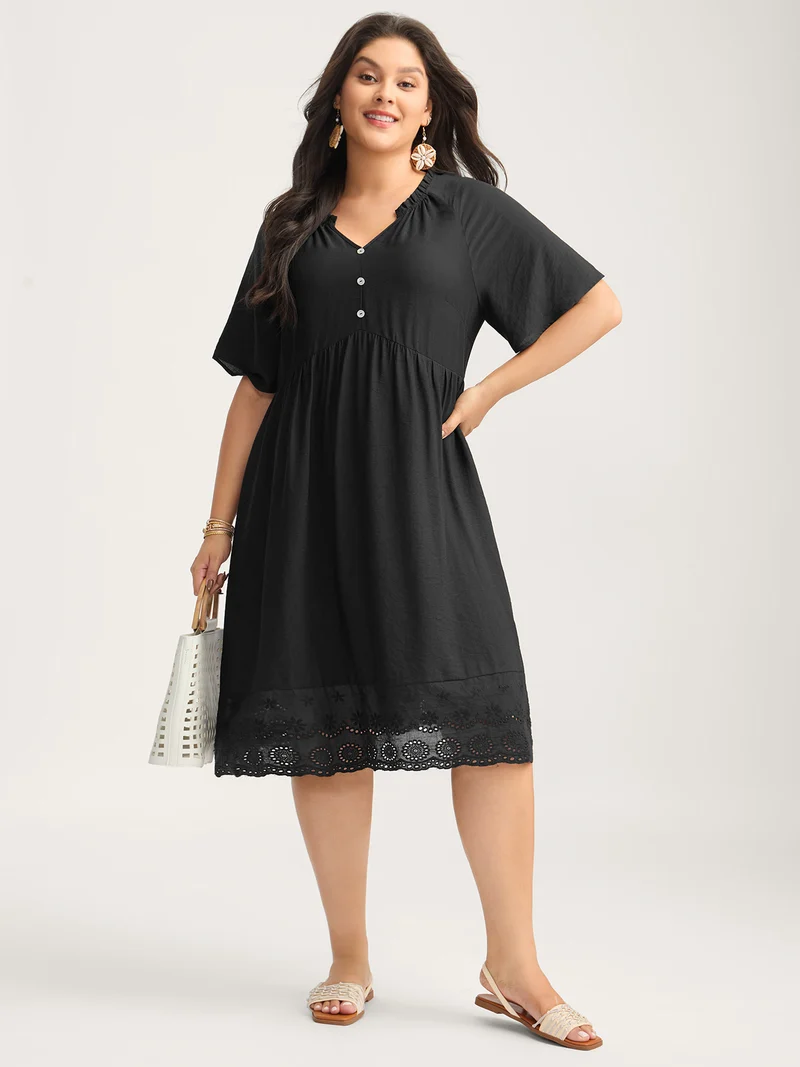 Eyelet Hem Ruffled Neck Midi Dress