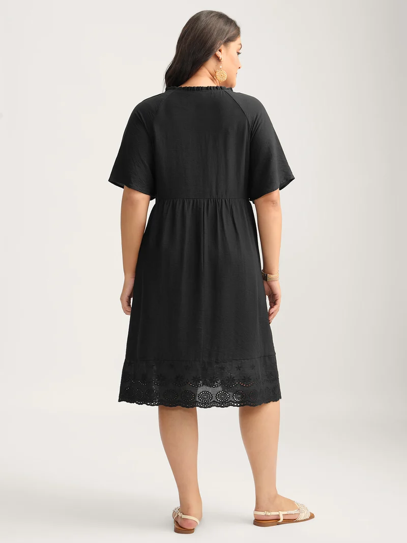 Eyelet Hem Ruffled Neck Midi Dress