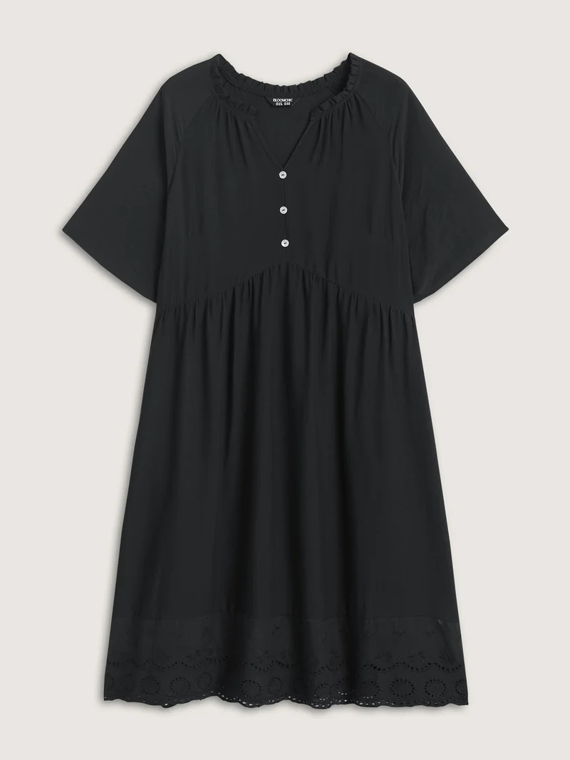 Eyelet Hem Ruffled Neck Midi Dress