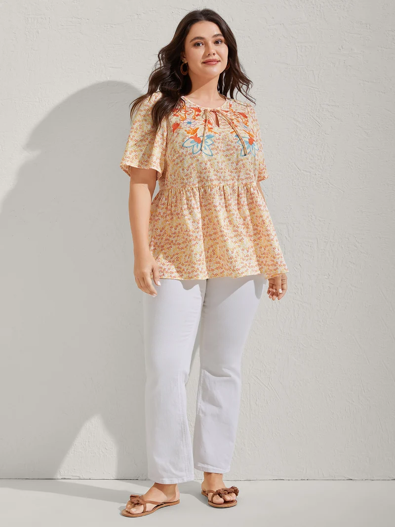 Floral Embroidery Neck Tie Blouse