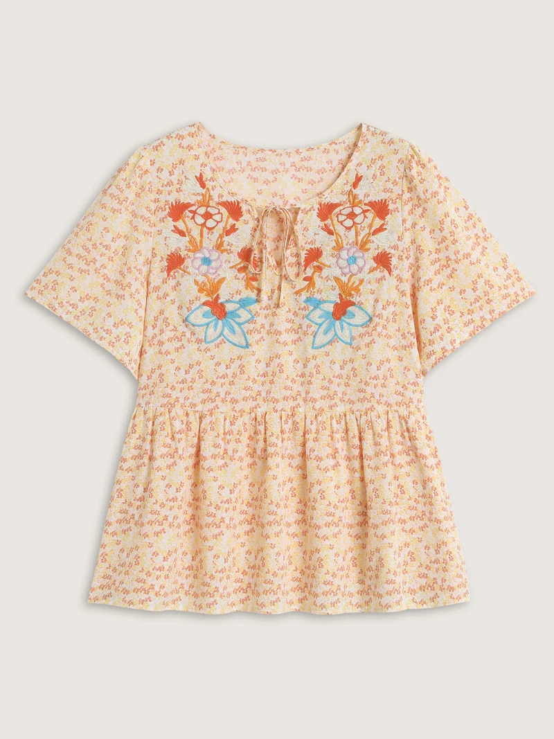 Floral Embroidery Neck Tie Blouse