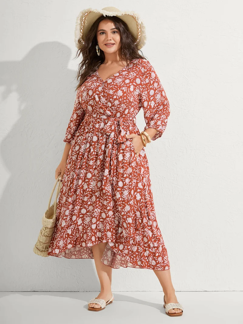 Rayon Silhouette Flower Side-Tie Midi Dress