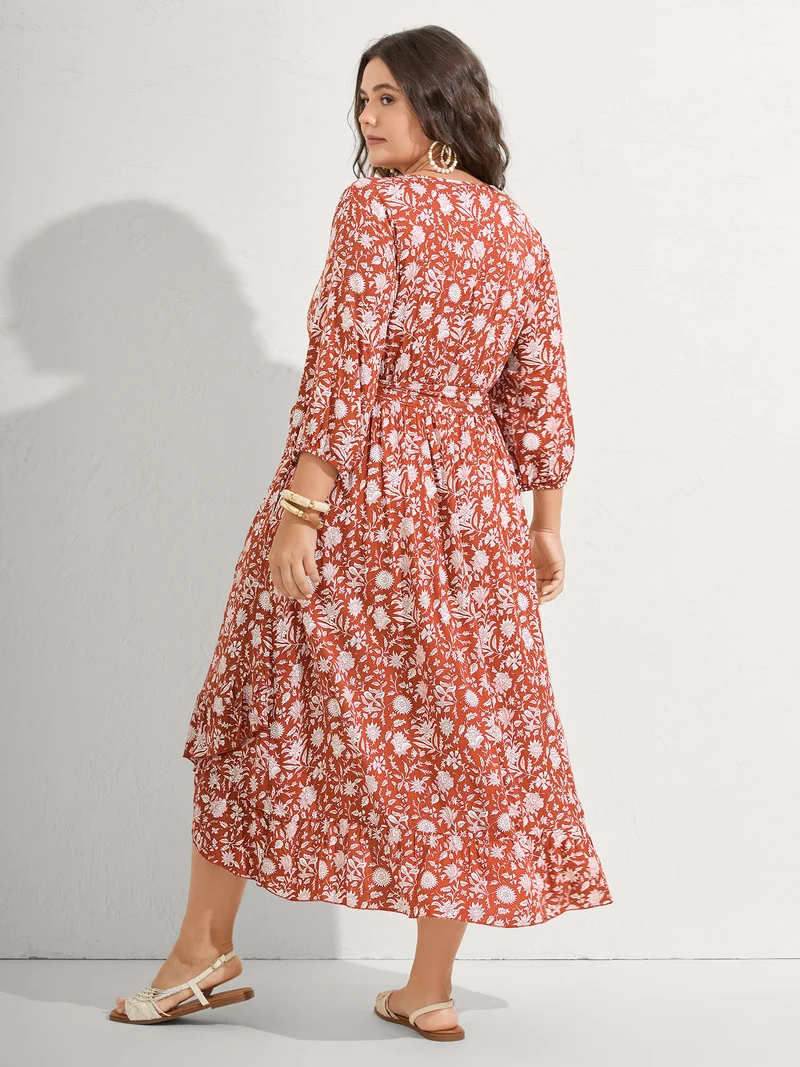 Rayon Silhouette Flower Side-Tie Midi Dress