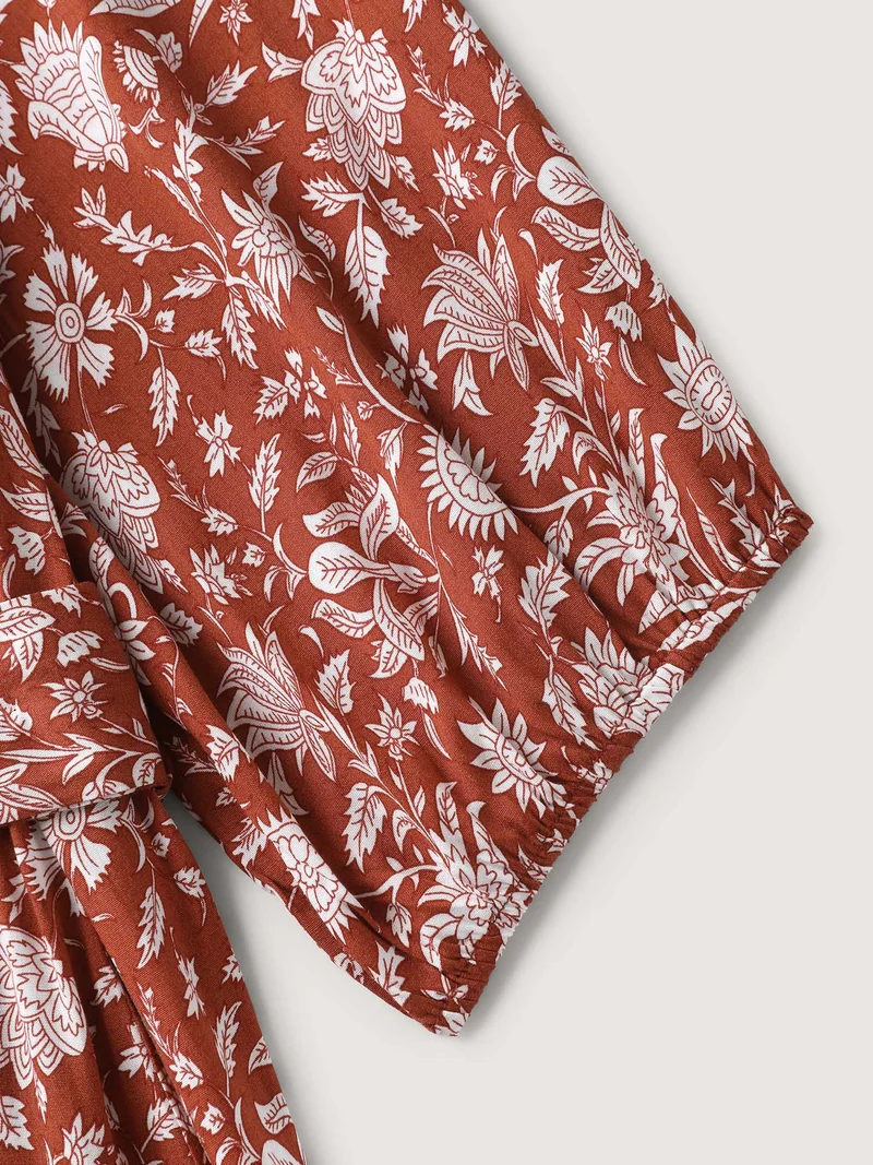 Rayon Silhouette Flower Side-Tie Midi Dress