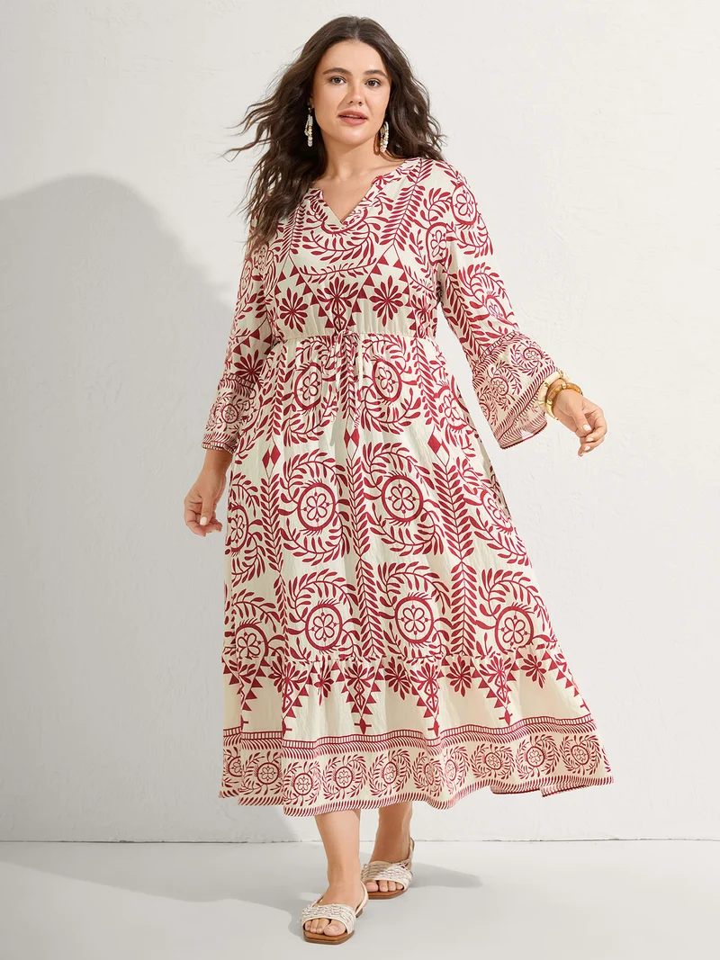 Ornate Print Color Contrast Midi Dress