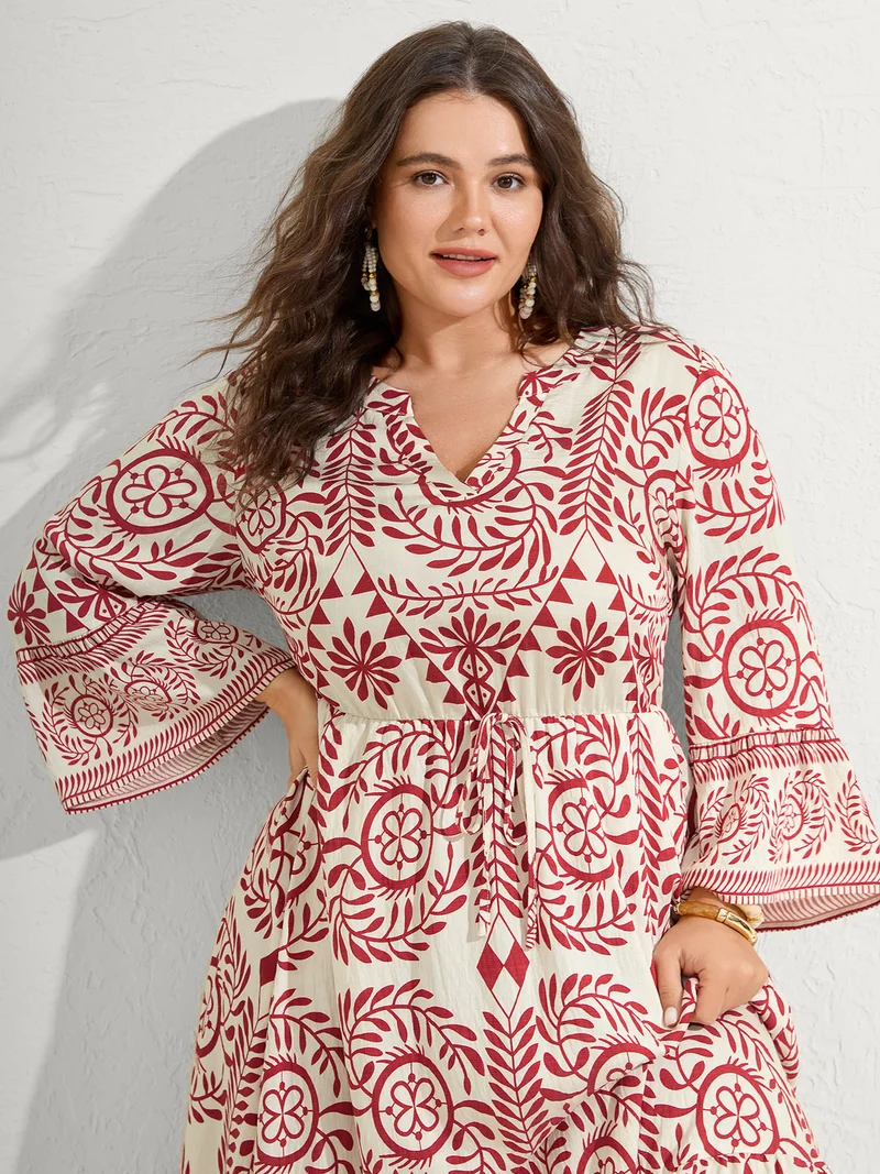 Ornate Print Color Contrast Midi Dress