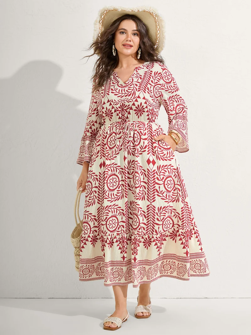 Ornate Print Color Contrast Midi Dress
