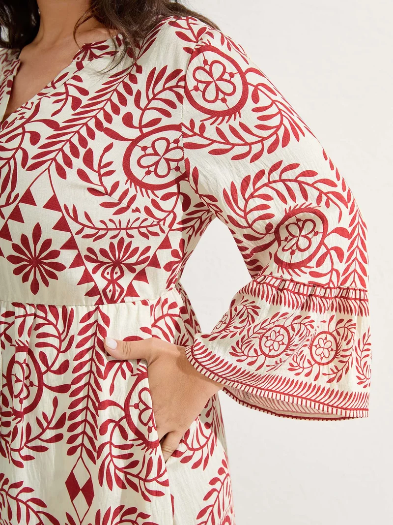 Ornate Print Color Contrast Midi Dress