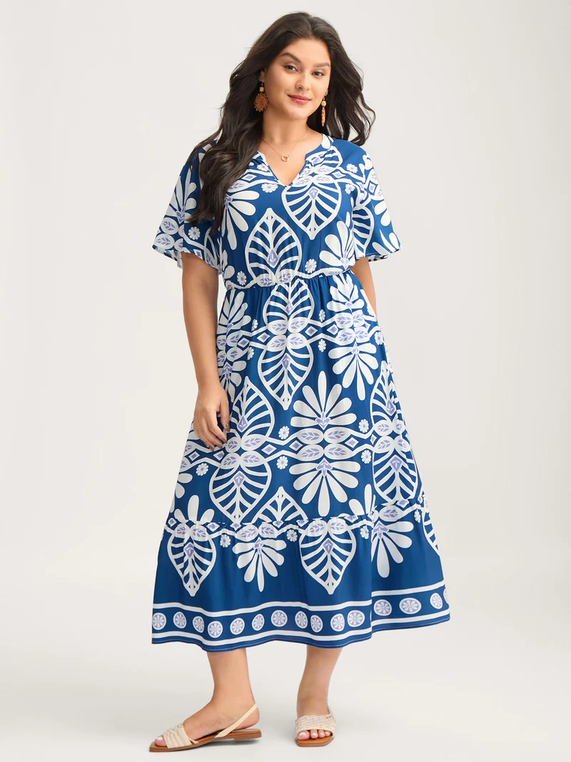 Rayon Ornate Print Cinched-Waist Midi Dress