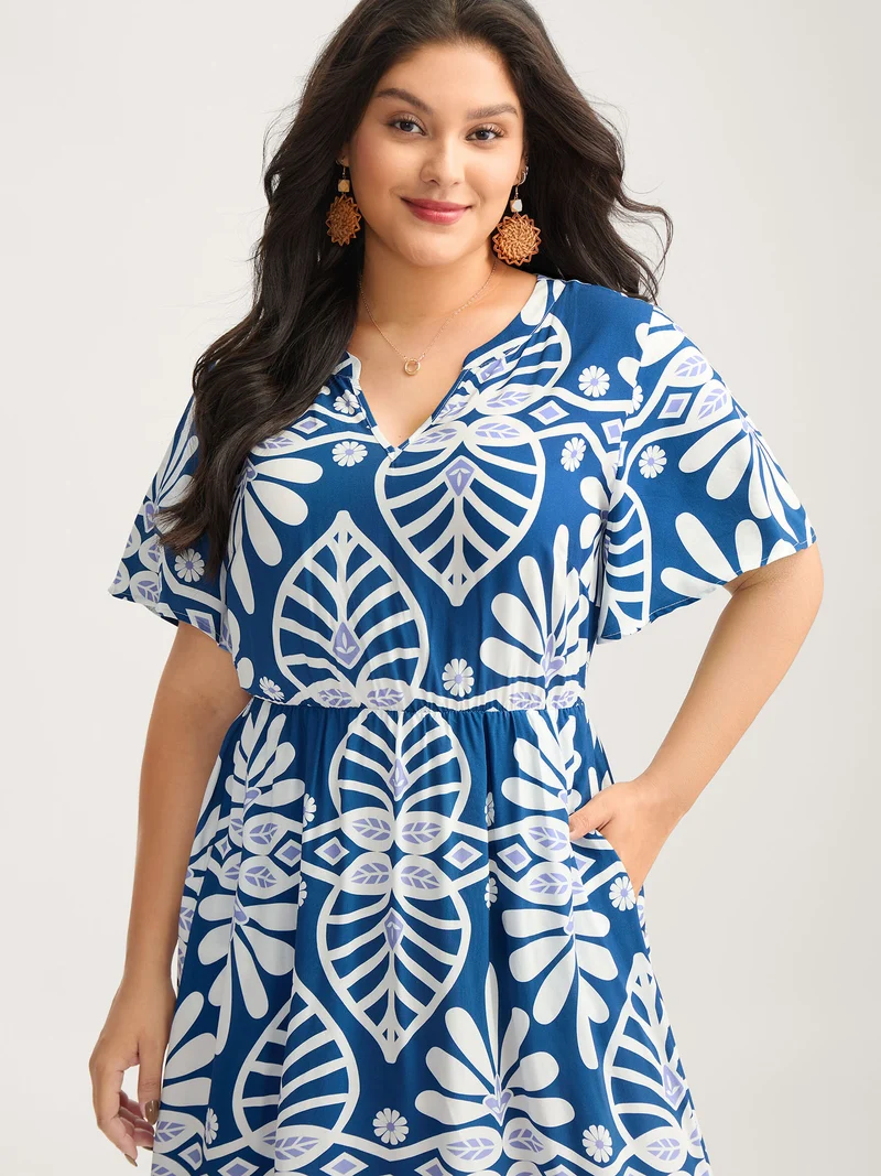 Rayon Ornate Print Cinched-Waist Midi Dress
