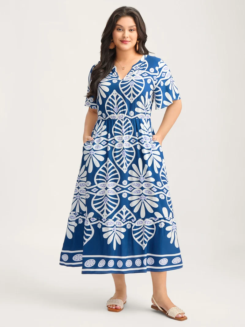 Rayon Ornate Print Cinched-Waist Midi Dress