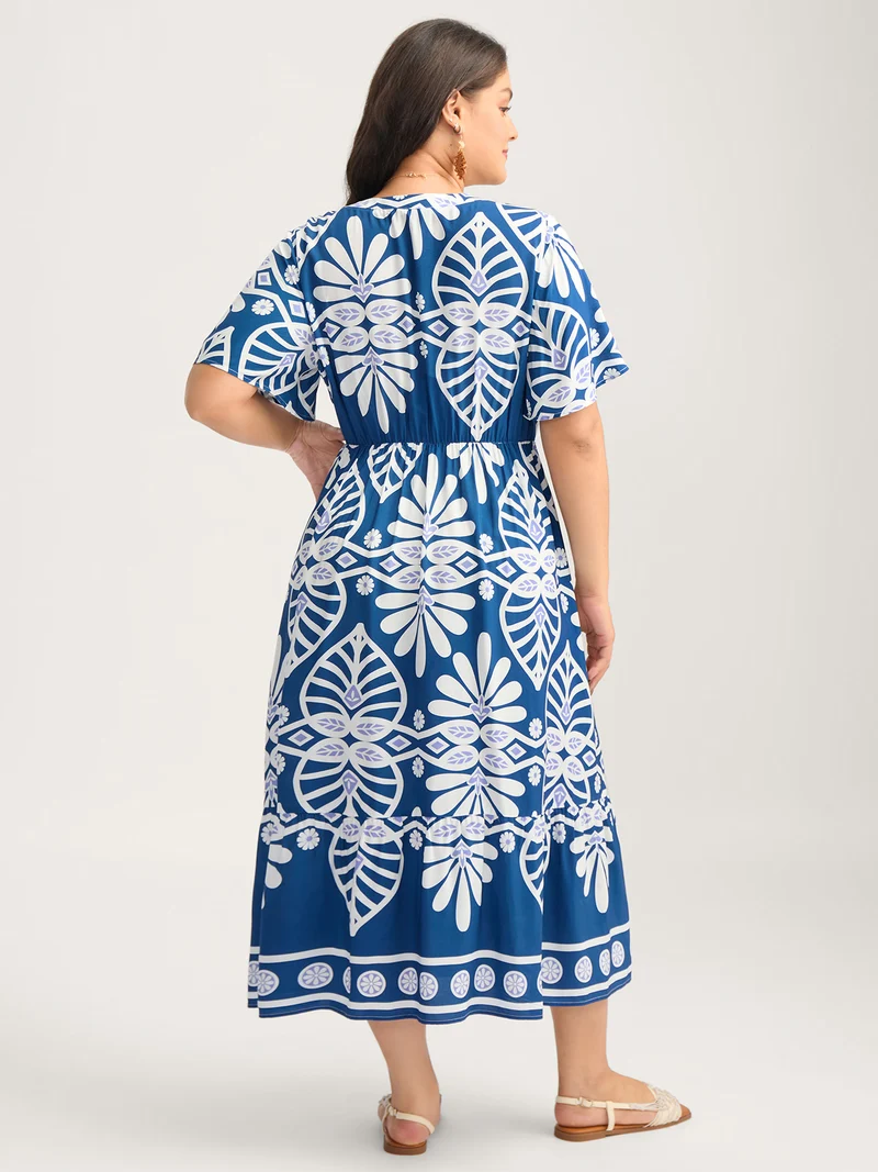 Rayon Ornate Print Cinched-Waist Midi Dress