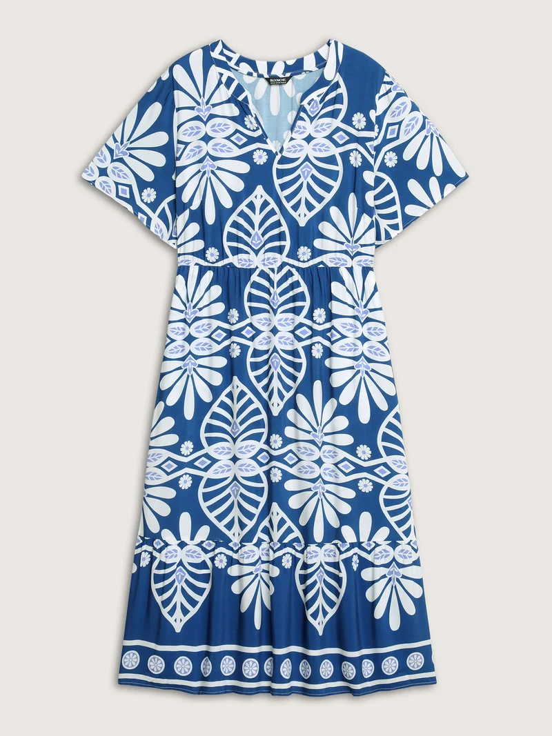 Rayon Ornate Print Cinched-Waist Midi Dress