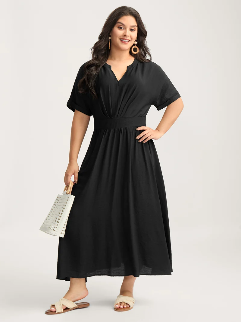 Pleated Cinched Waist Solid Midi Dress