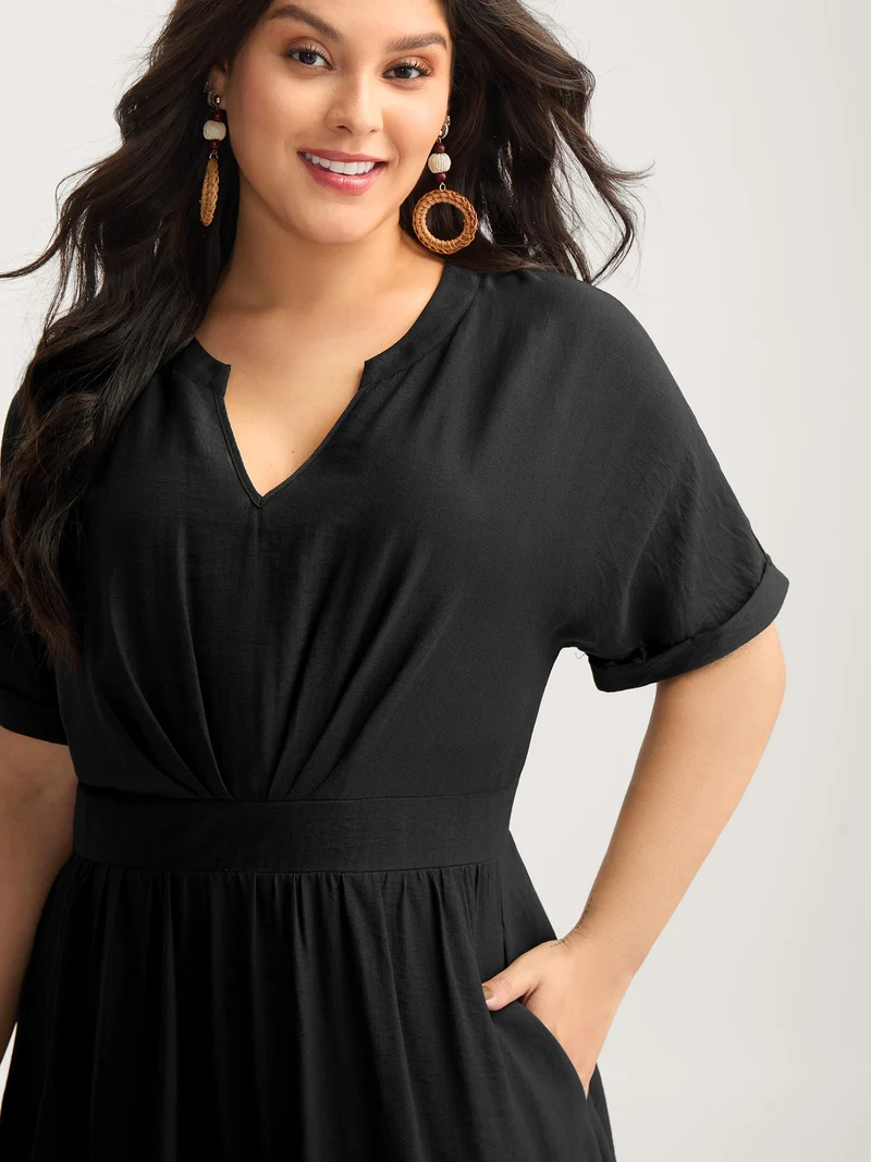 Pleated Cinched Waist Solid Midi Dress