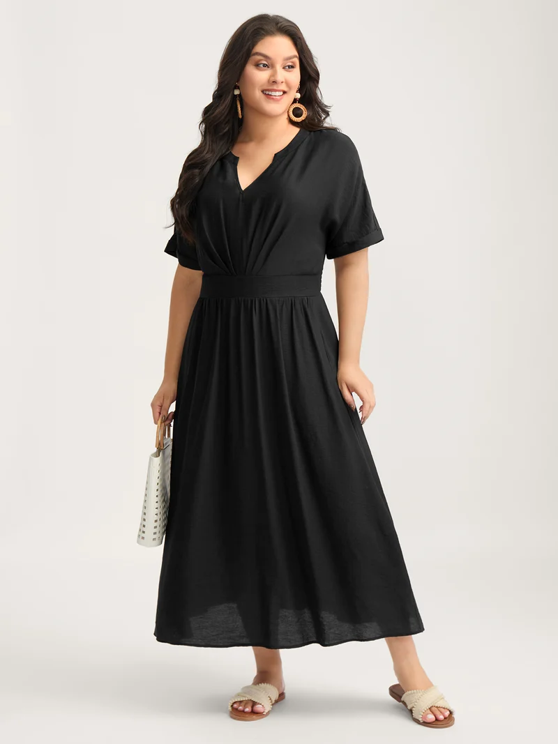 Pleated Cinched Waist Solid Midi Dress