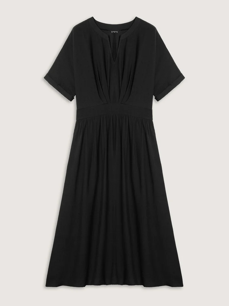 Pleated Cinched Waist Solid Midi Dress