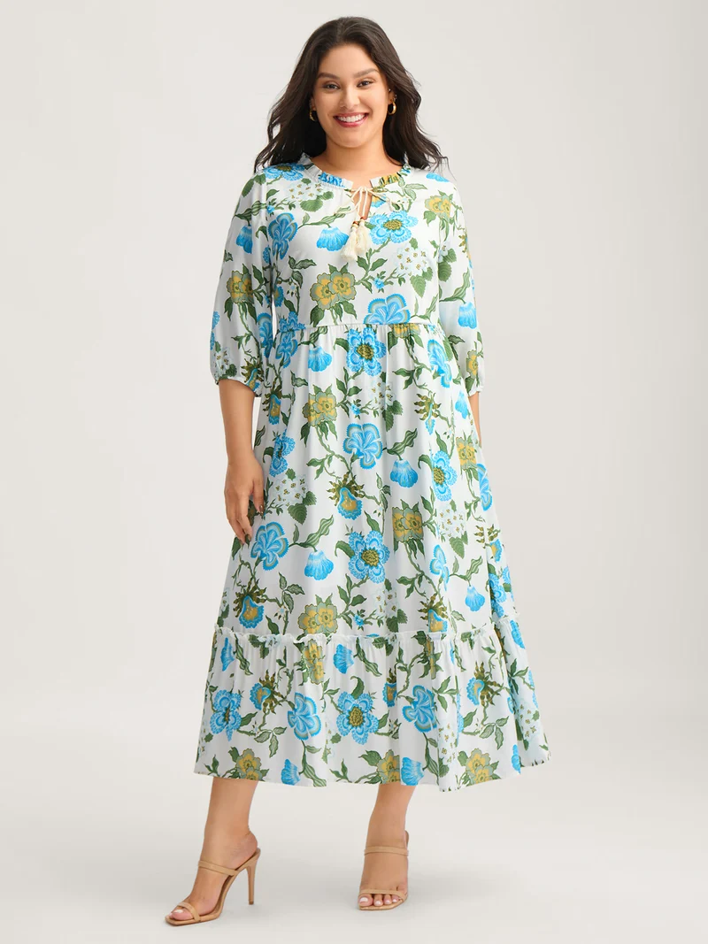 Floral Print Beaded Tassel Neck Midi Dress