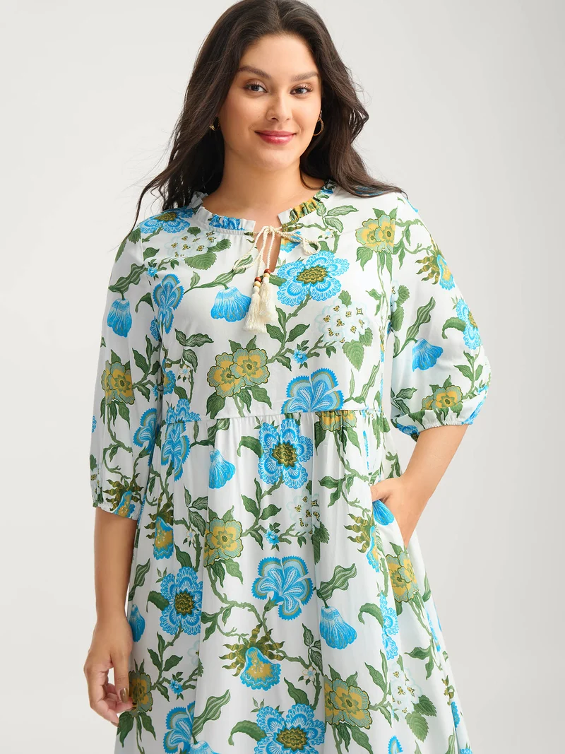 Floral Print Beaded Tassel Neck Midi Dress