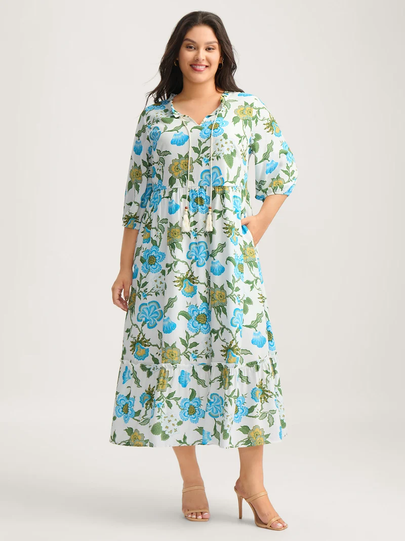 Floral Print Beaded Tassel Neck Midi Dress