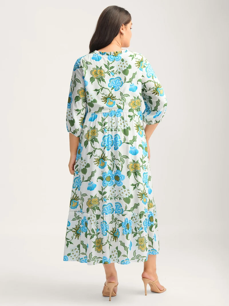 Floral Print Beaded Tassel Neck Midi Dress