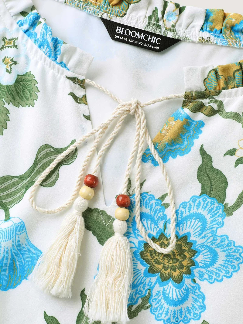 Floral Print Beaded Tassel Neck Midi Dress