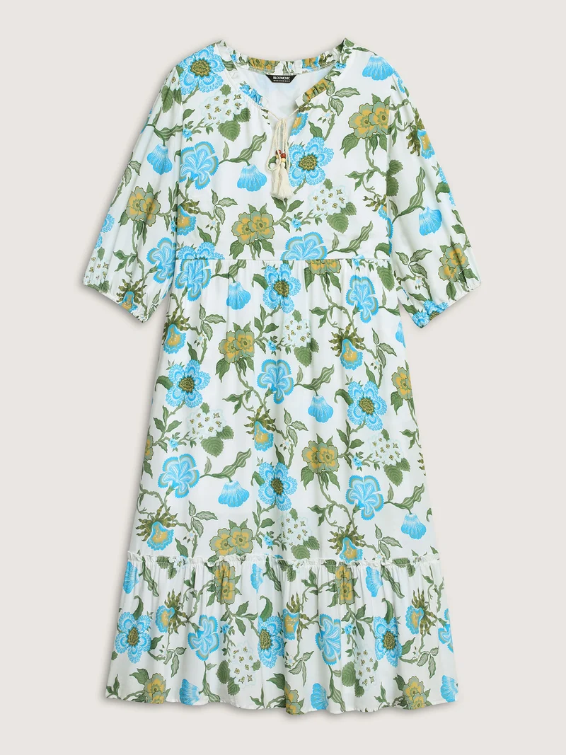 Floral Print Beaded Tassel Neck Midi Dress
