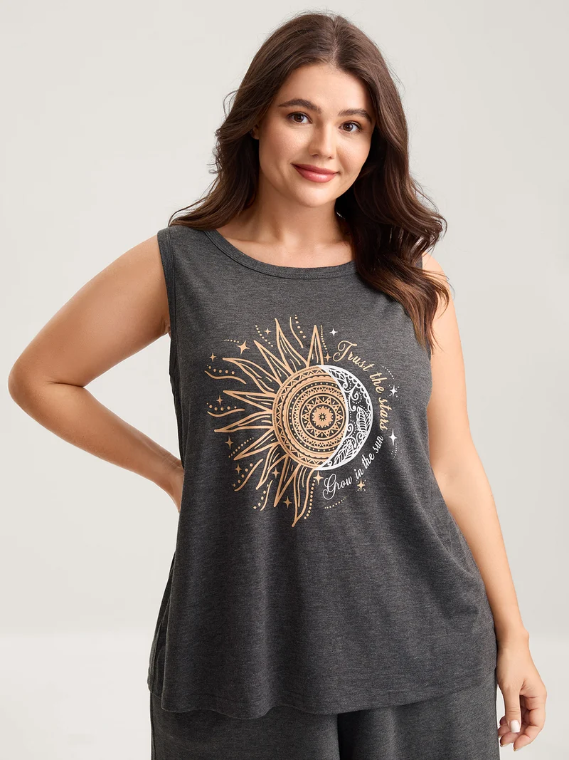Star & Moon Print Solid Tank Top