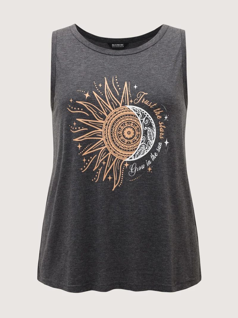 Star & Moon Print Solid Tank Top