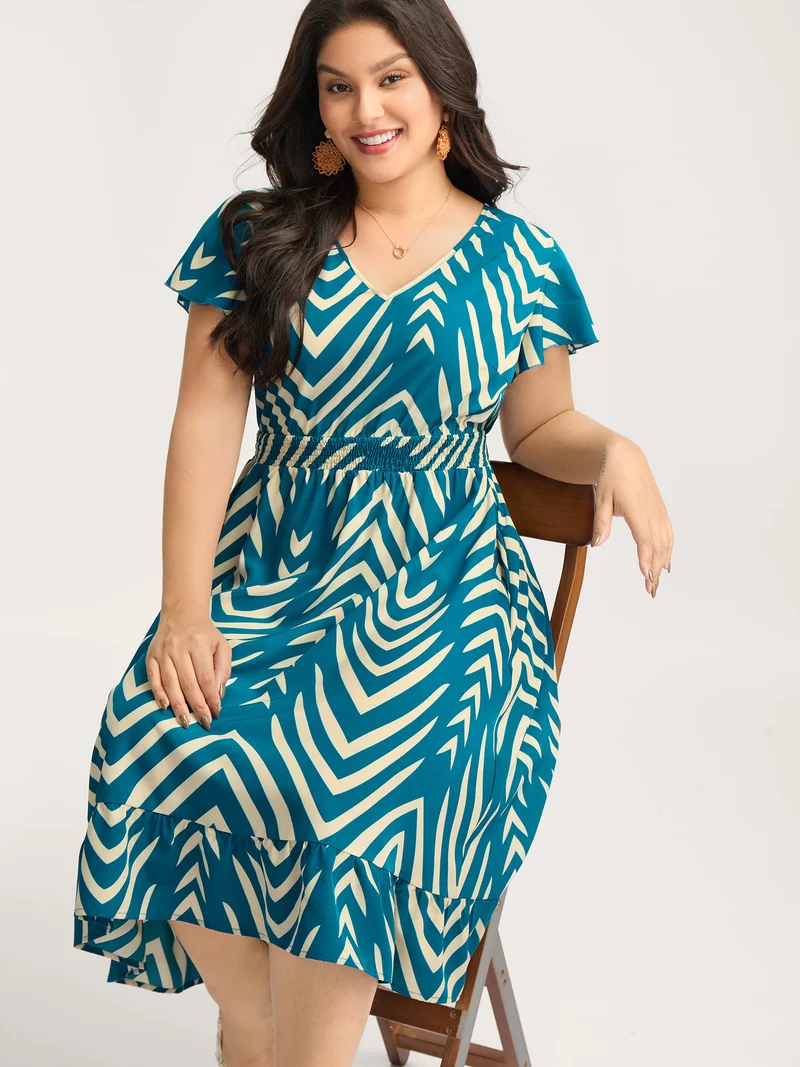 Geometric Print Cinched-Waist Midi Dress