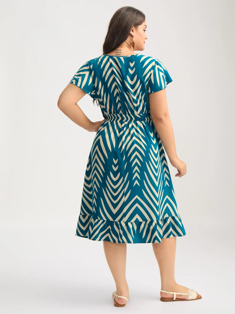 Geometric Print Cinched-Waist Midi Dress