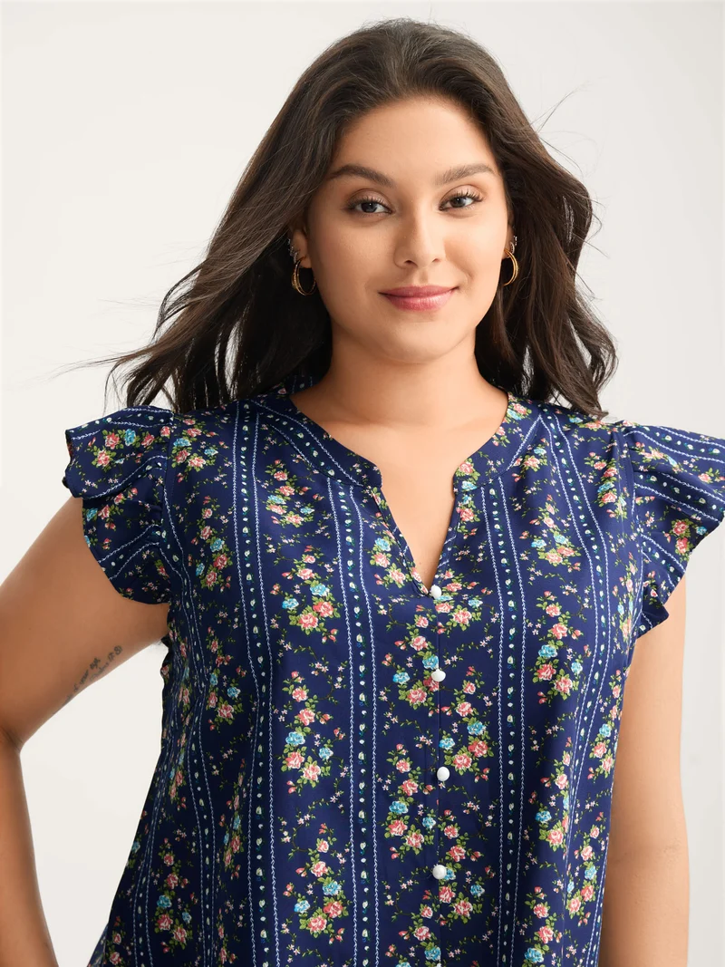Floral Stripes Flutter Sleeve Blouse
