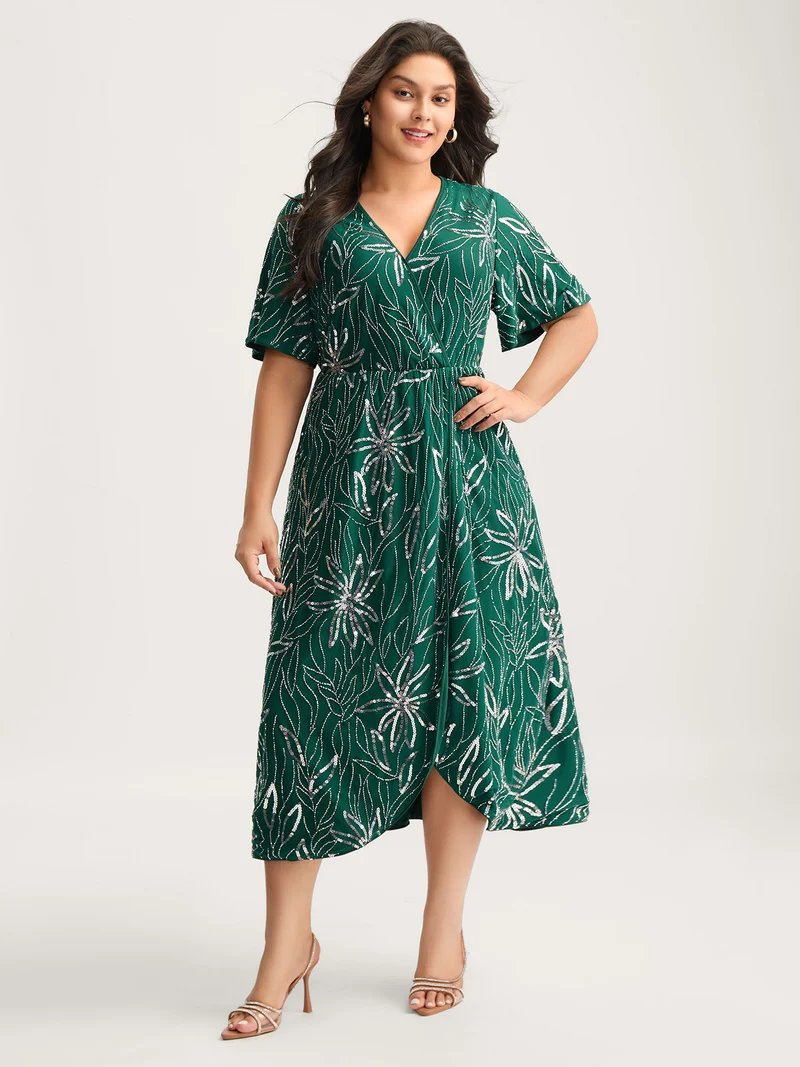 Sequin Embroidered Surplice Neck Pockets Midi Dress