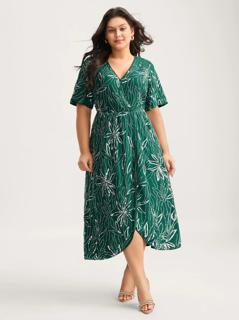 Sequin Embroidered Surplice Neck Pockets Midi Dress