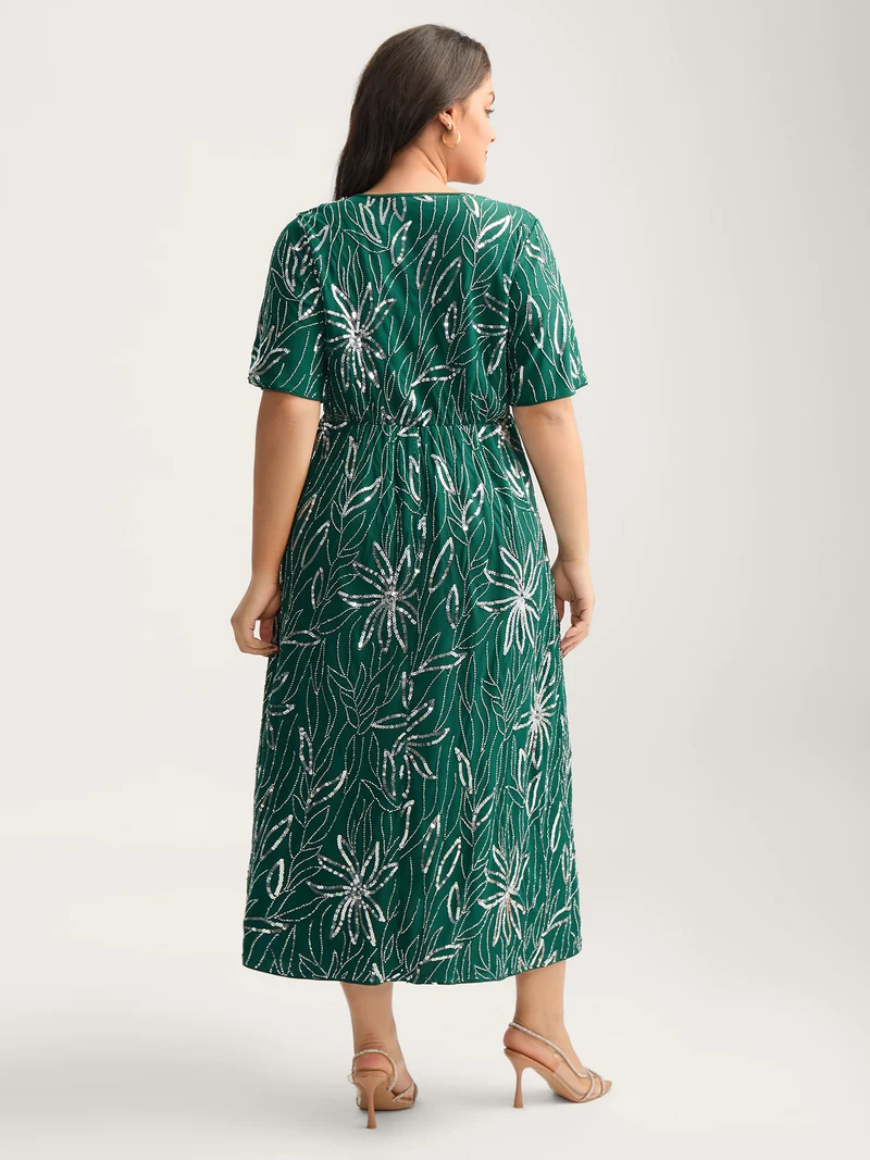 Sequin Embroidered Surplice Neck Pockets Midi Dress