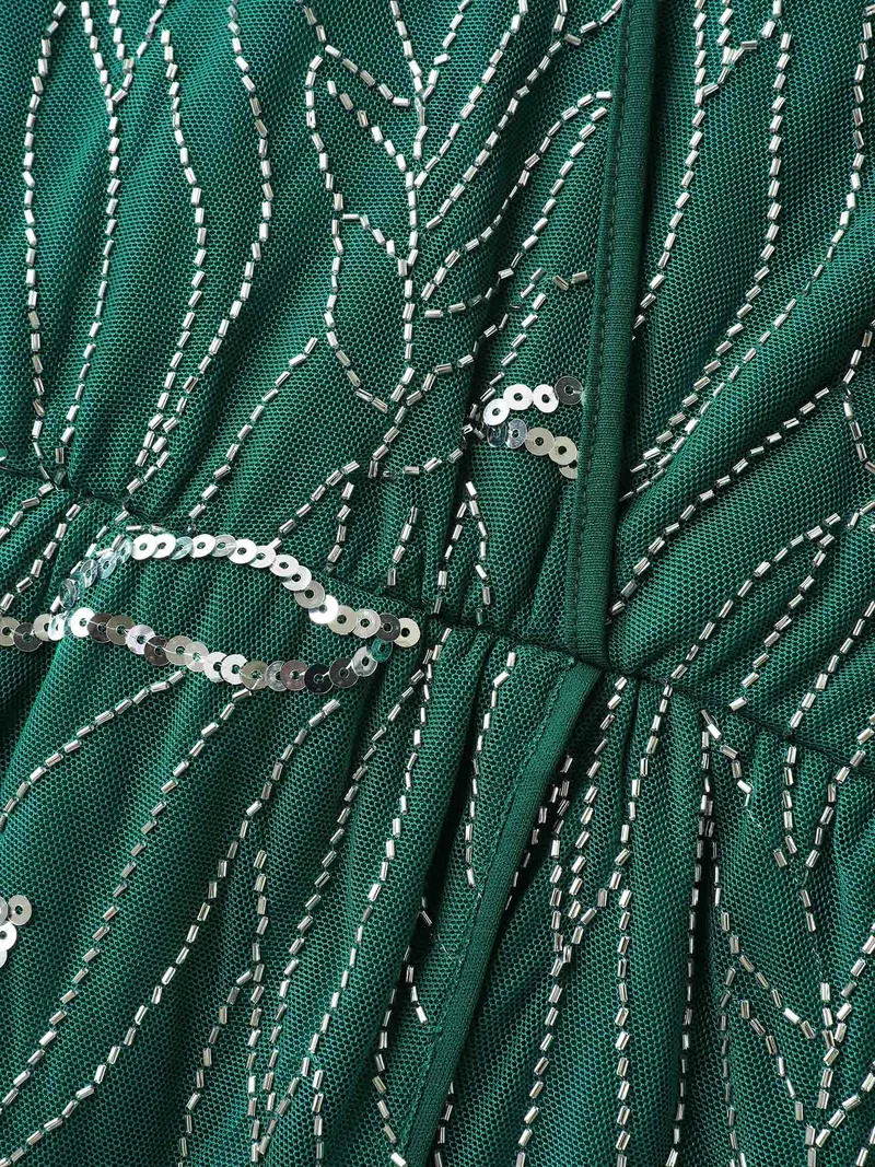 Sequin Embroidered Surplice Neck Pockets Midi Dress