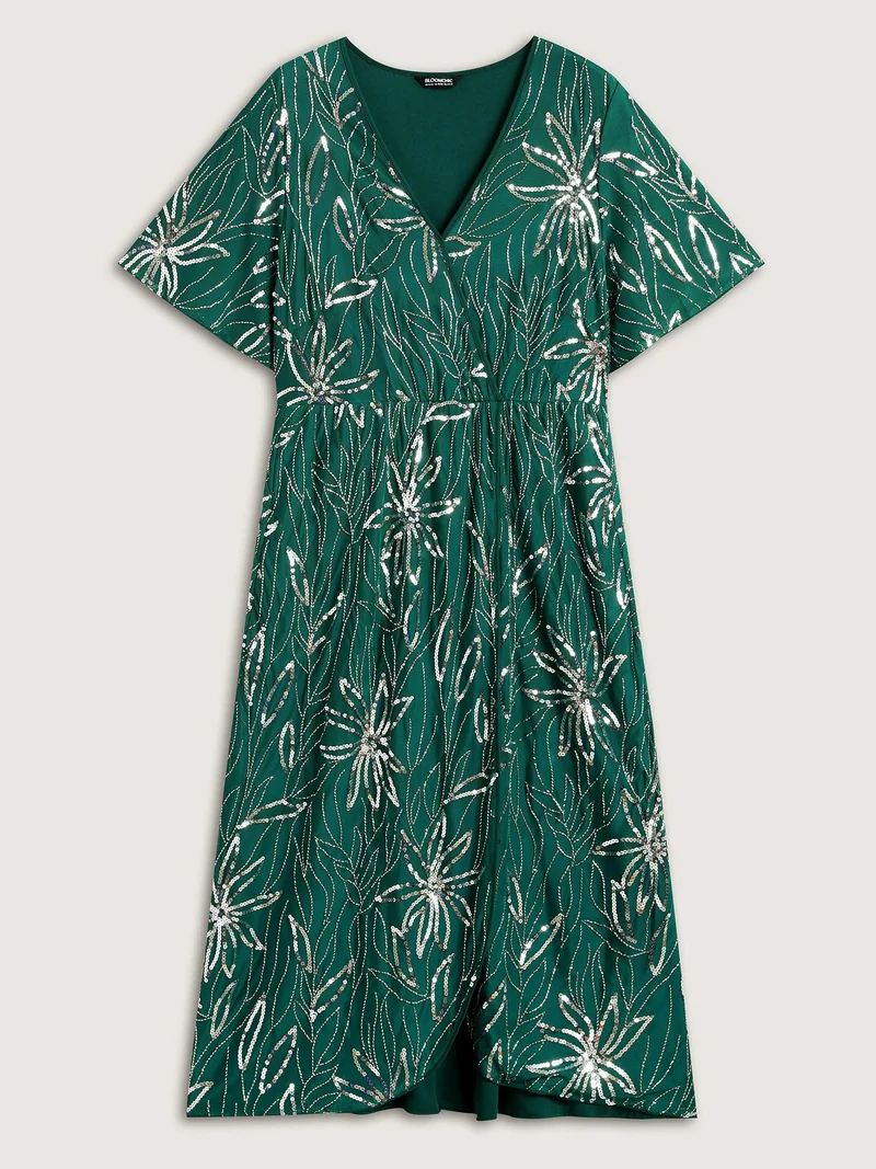 Sequin Embroidered Surplice Neck Pockets Midi Dress