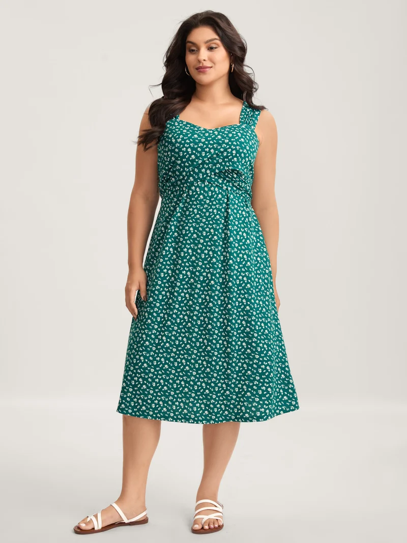 Ditsy Floral Print Knit Pockets Midi Dress