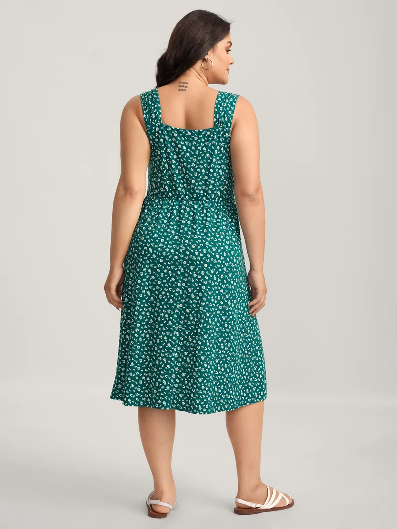 Ditsy Floral Print Knit Pockets Midi Dress