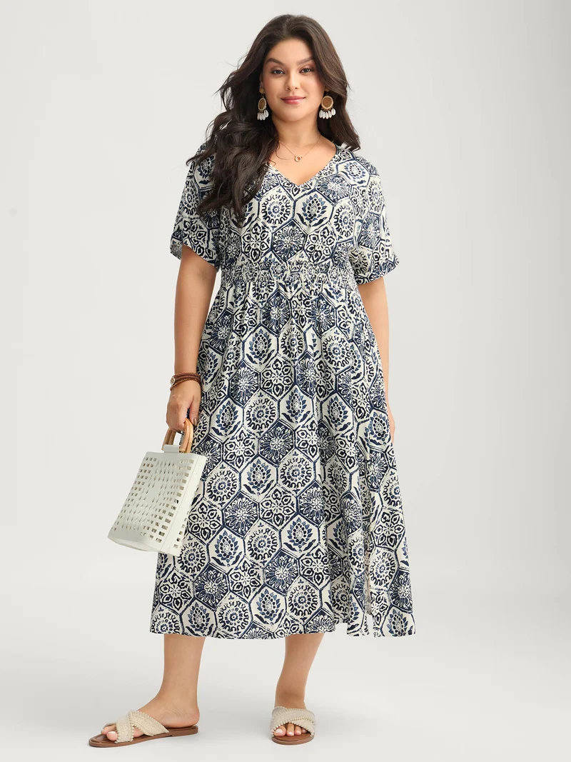 Boho Geometric Print Split Midi Dress