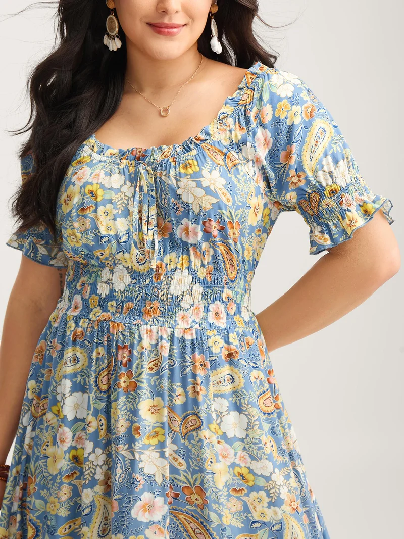 Rayon Paisley Ruffled Shirred Waist Midi Dress