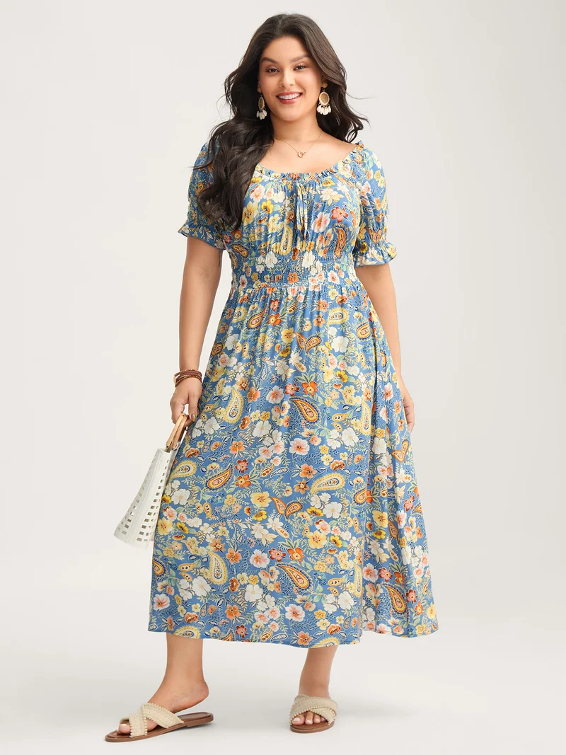 Rayon Paisley Ruffled Shirred Waist Midi Dress
