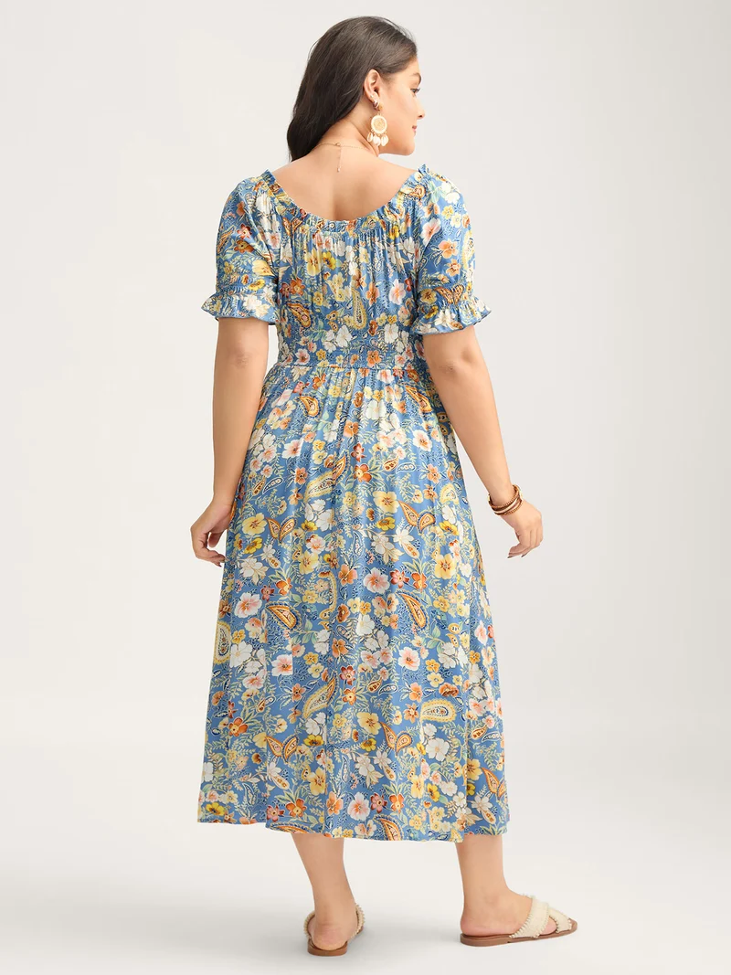 Rayon Paisley Ruffled Shirred Waist Midi Dress