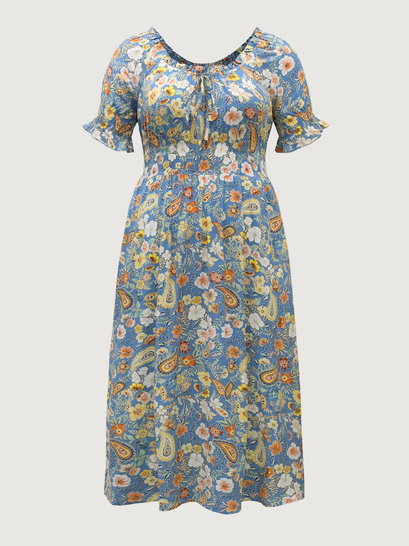 Rayon Paisley Ruffled Shirred Waist Midi Dress