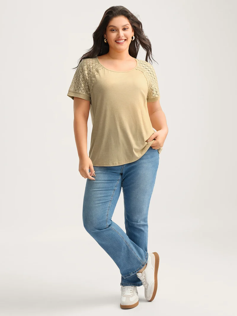 Sheer Lace Sleeve Spliced Solid T-Shirt