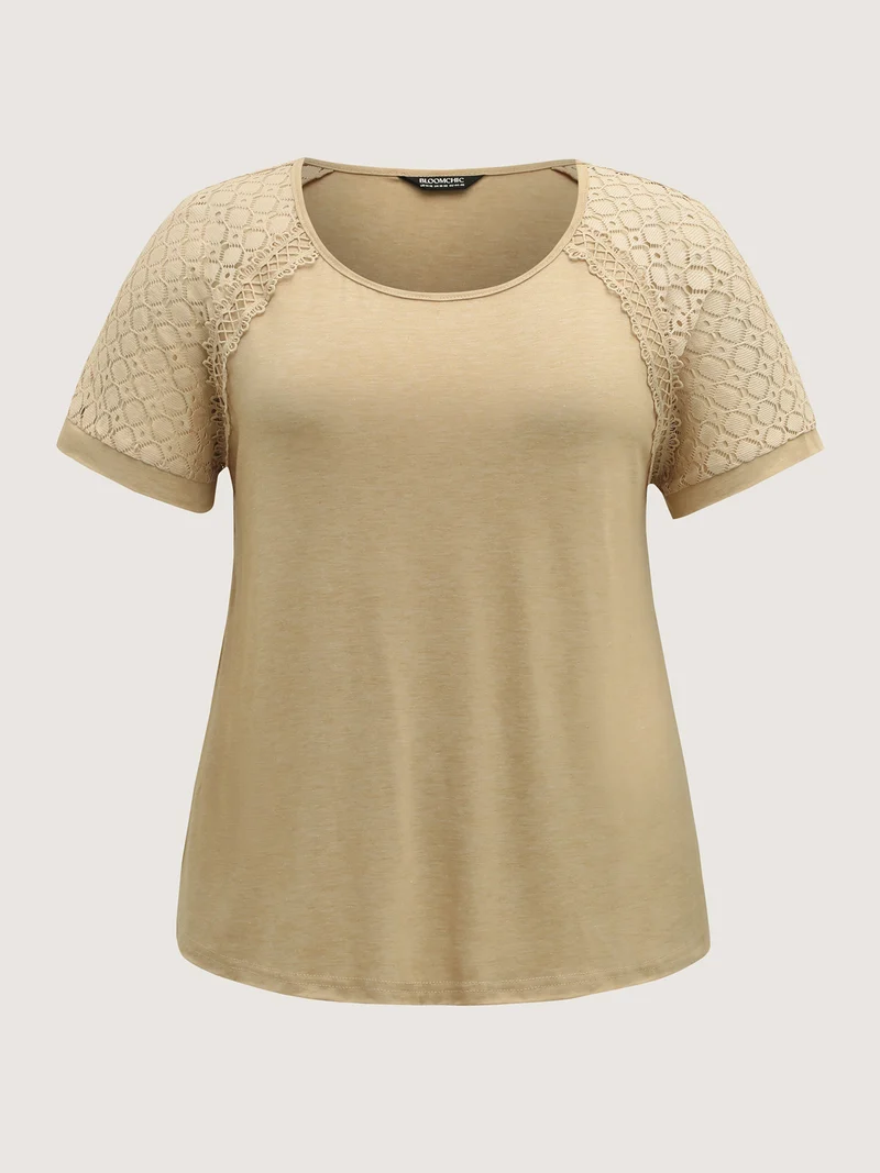 Sheer Lace Sleeve Spliced Solid T-Shirt