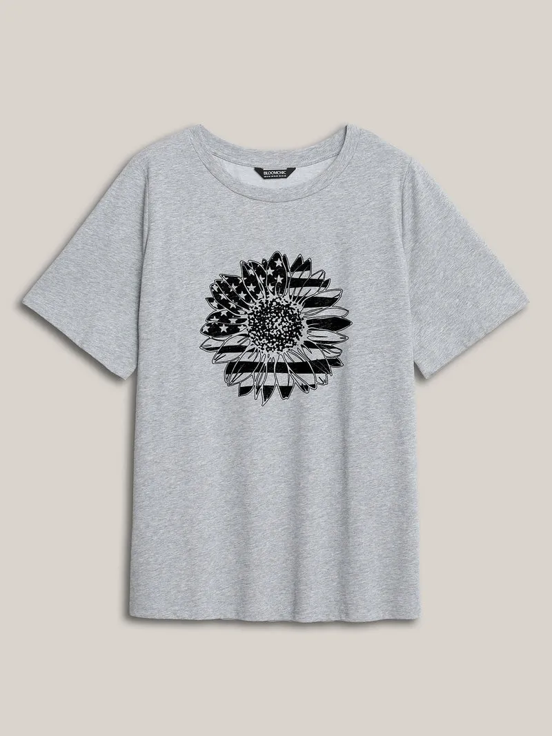 American Flag Floral Print Round Neck T-Shirt