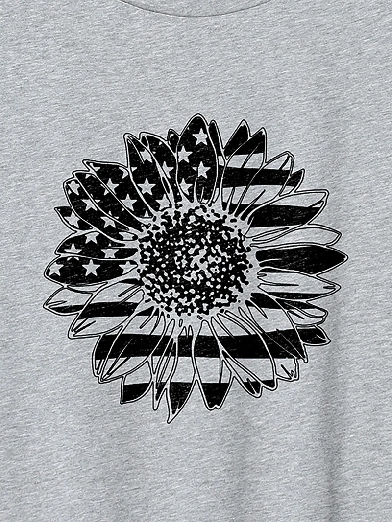 American Flag Floral Print Round Neck T-Shirt